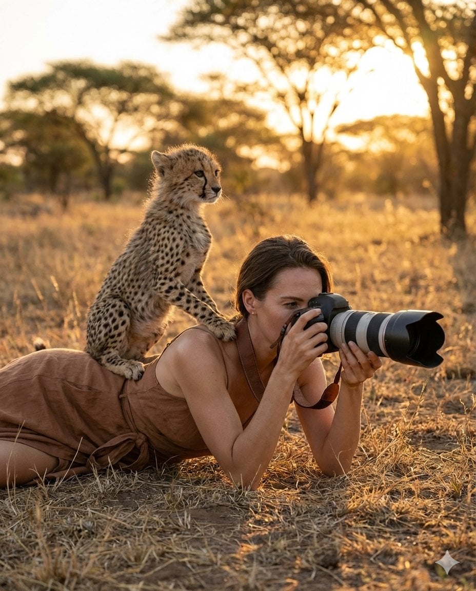 Cheetah Cub On Shoulder Golden Hour Savannah