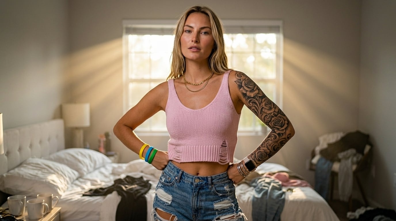 Confident Pose Layered Outfit Rose Tattoo Sunlight
