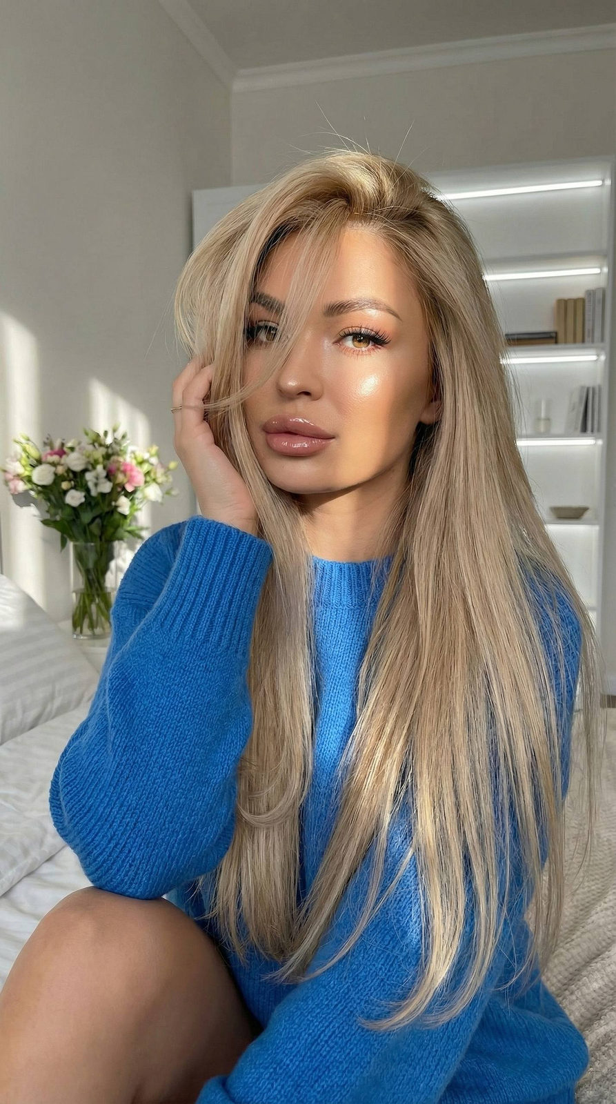 Portrait of a woman in a cozy bright blue sweater, soft light creating a line across her eyes, adjusting her hair on a bed, with flowers in the bright interior.