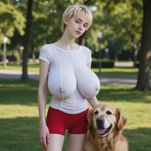 Medium shot of a person in athletic outfit standing in a sunlit park beside a golden retriever with bright green trees in the background.