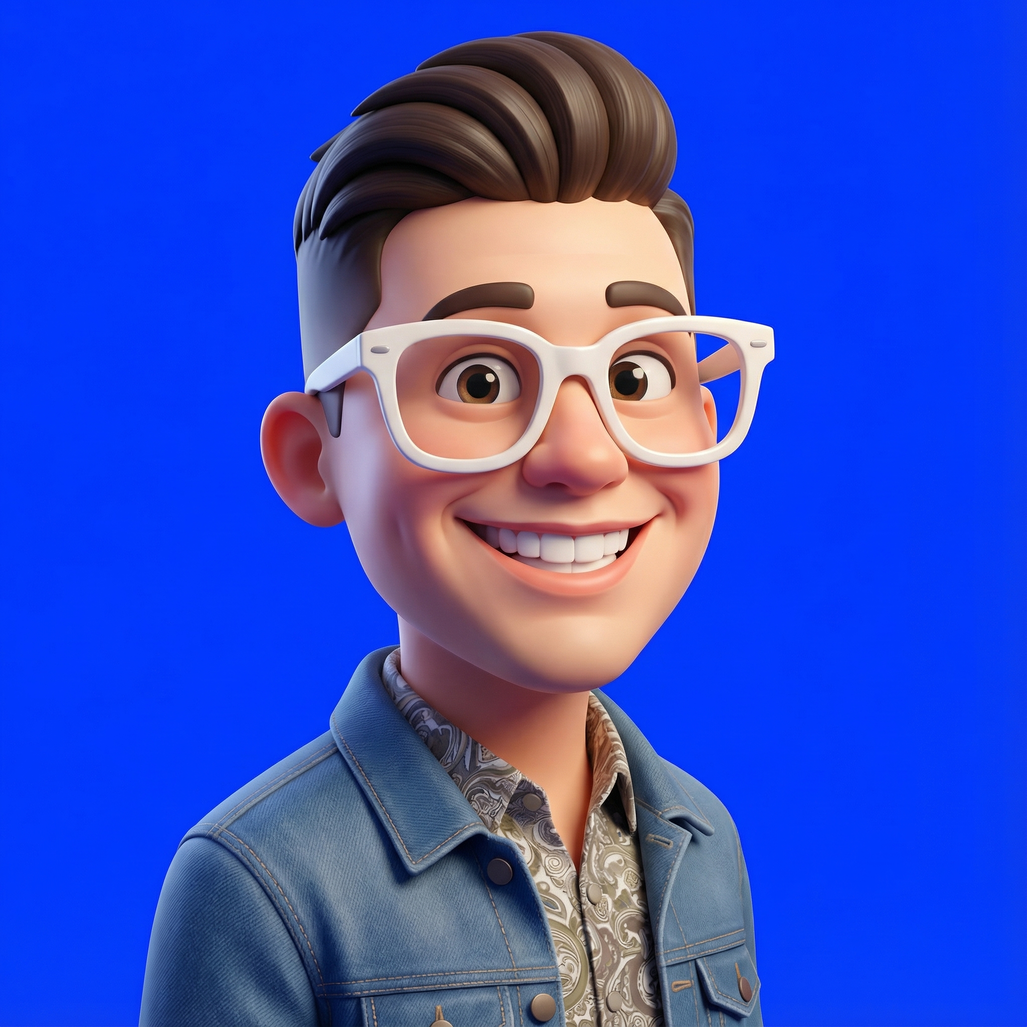A highly stylized 3D caricature featuring exaggerated facial expressions against a bold color background.