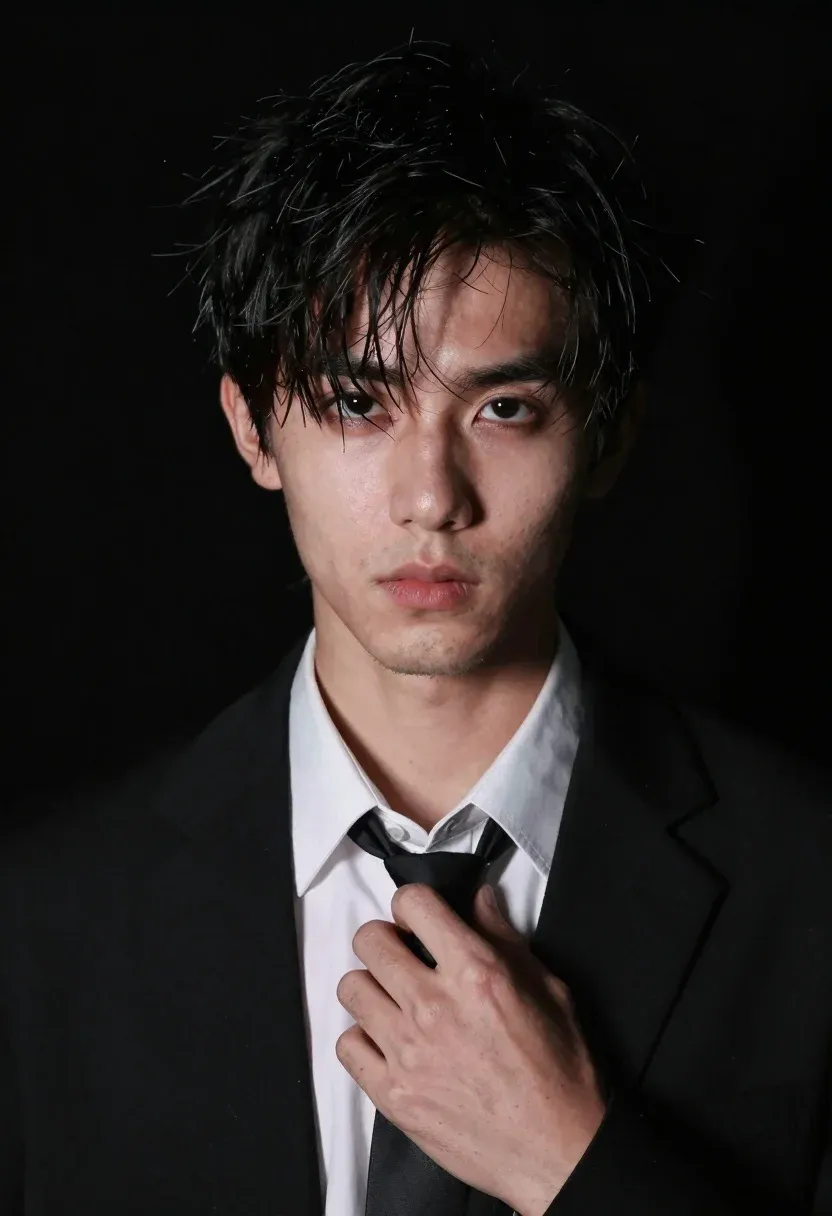 Close-up Portrait Young Man With Dark Tousled Hair And Intense