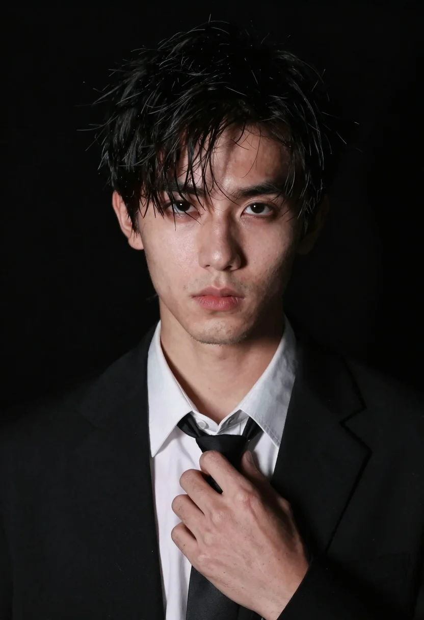 Close-up portrait of a young man with dark tousled hair and intense eyes in dramatic low-key lighting.