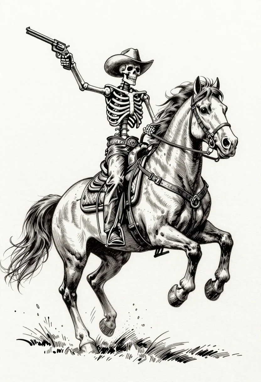 Ink Illustration Textured Paper Skeleton Cowboy Riding Rearing Horse Subject reference photo