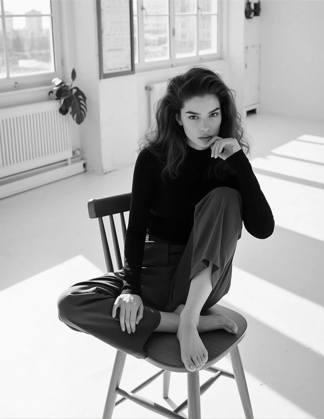 Photorealistic Black And White Portrait Young Woman With Long Dark