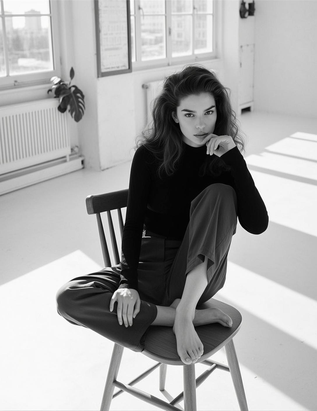 Photorealistic Black And White Portrait Young Woman With Long Dark
