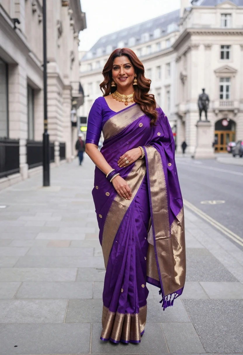 Smiling Woman Stands The Middle Wide City Street Wearing Elegant reference photo