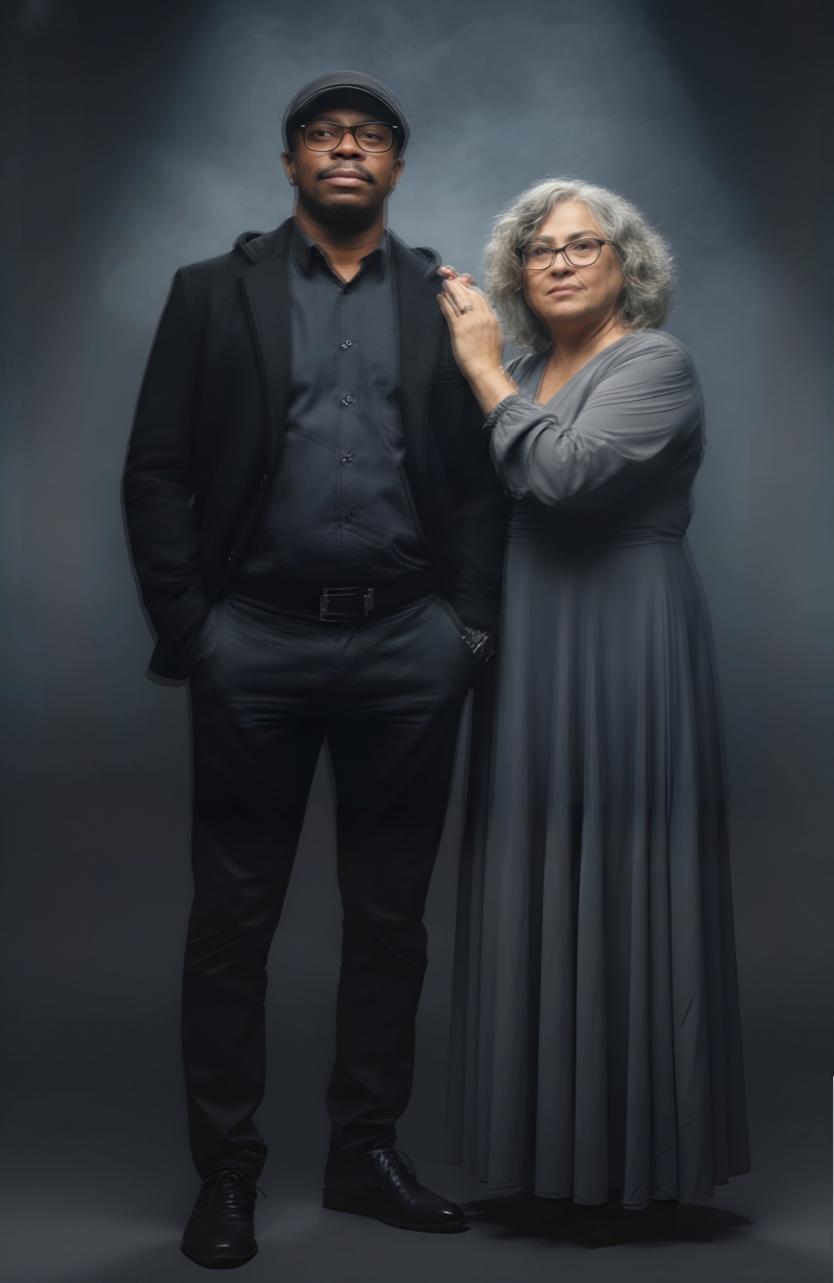 A hyper-realistic portrait of a couple in a moody studio with smoke, the man in a slate-black suit and woman in an elegant gray dress.
