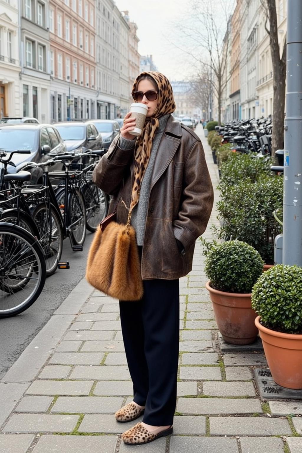 Brown Leather Jacket Grey Turtleneck Sweater City Street Sidewalk Paved