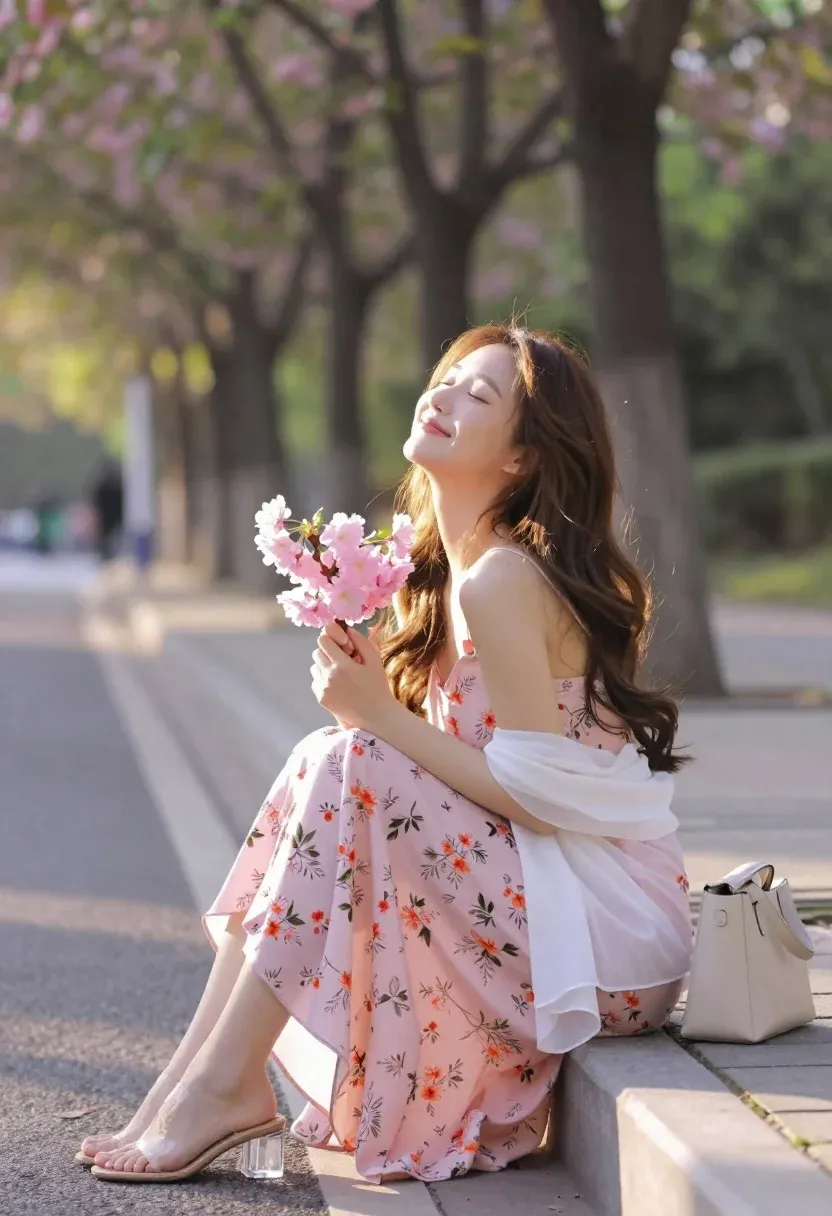 Young Woman Sits Gracefully Curb Sun-drenched Park Holding Bouquet Pink