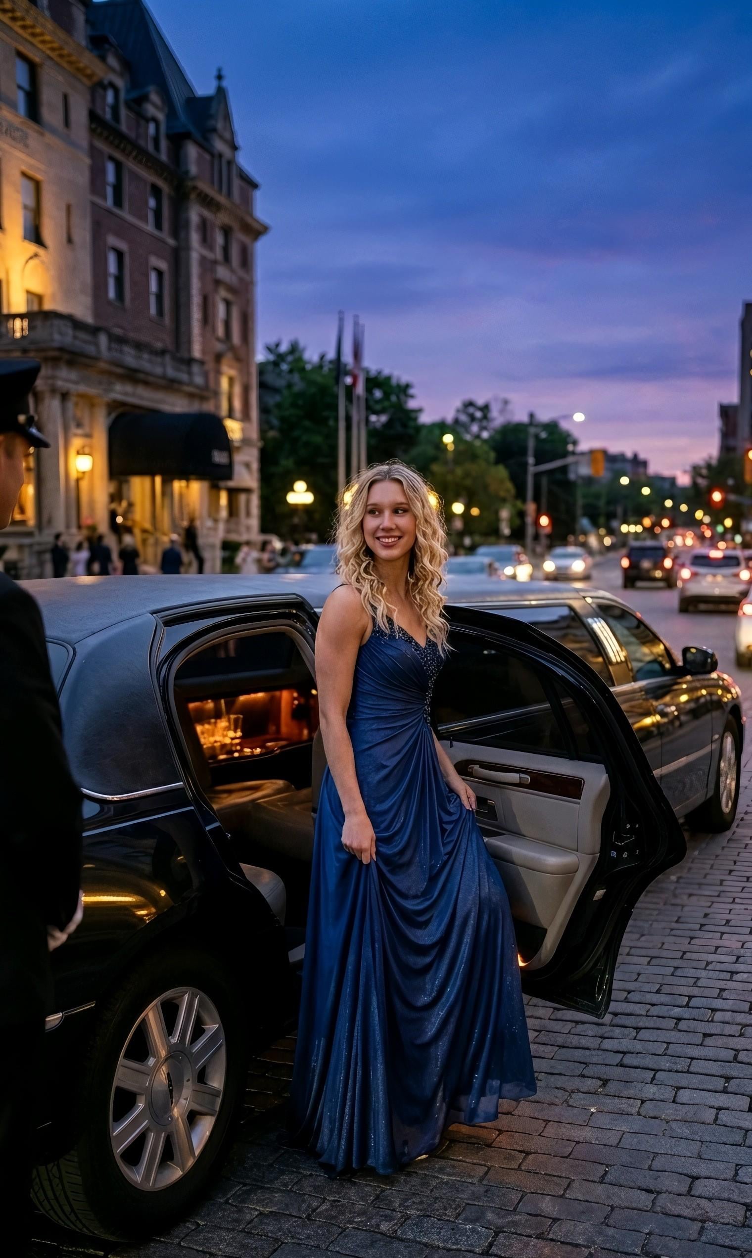 Blue Gown Exits Limousine At Dusk