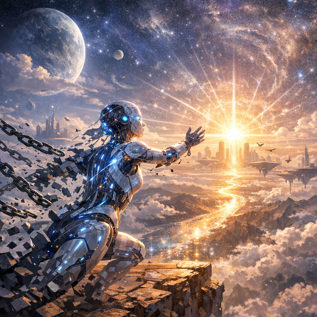 A person in a futuristic environment filled with lush greenery and glowing architecture, radiating hope and inspiration.