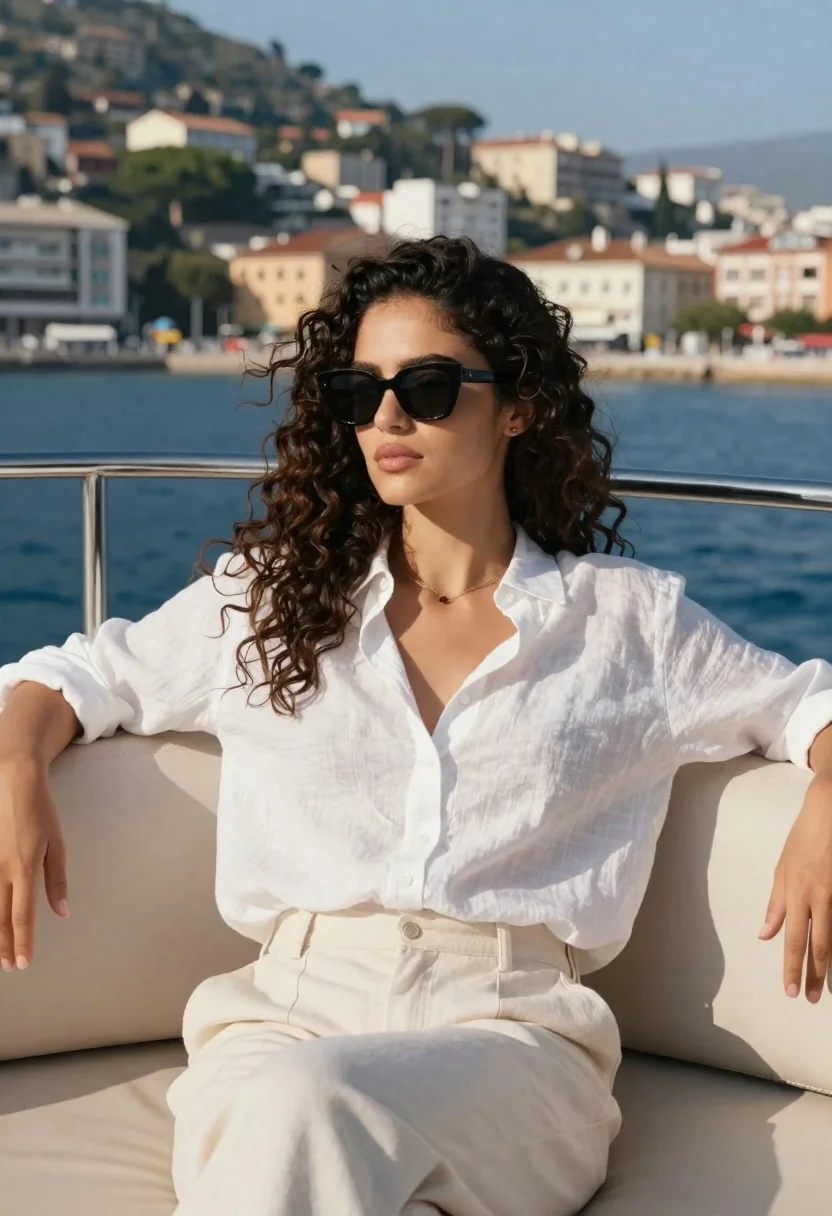 Woman With Long Dark Curly Hair Sits Relaxed Yacht Deck