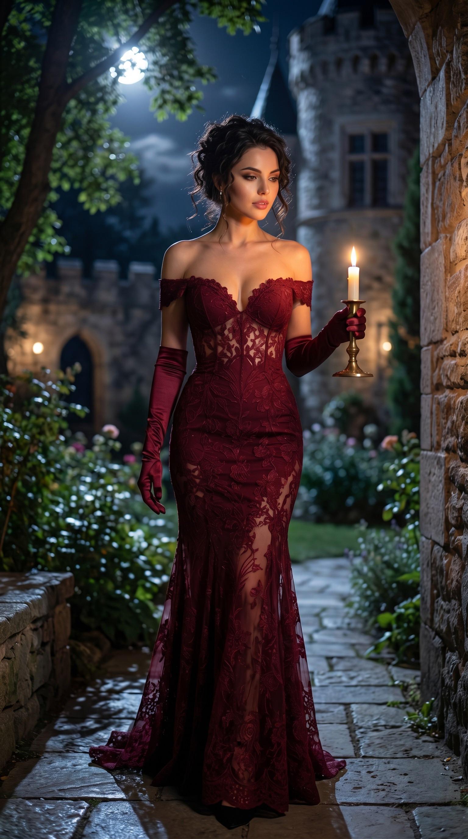 Burgundy Lace Gown Stone Castle Night Candlestick