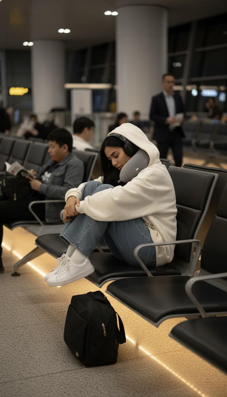 Airport Terminal Traveler Sleeping In Black Seats