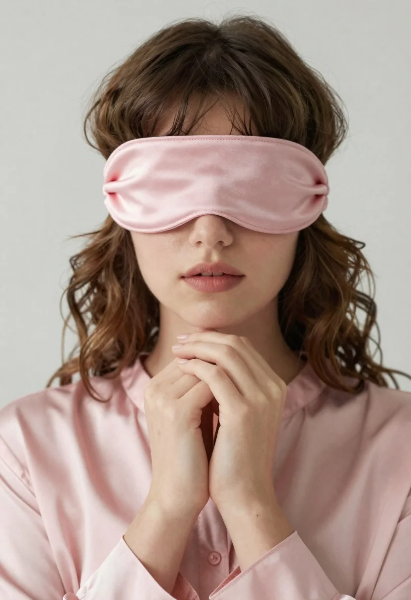 Soft-focus Portrait Woman With Her Eyes Covered Pink Satin Fabric reference photo