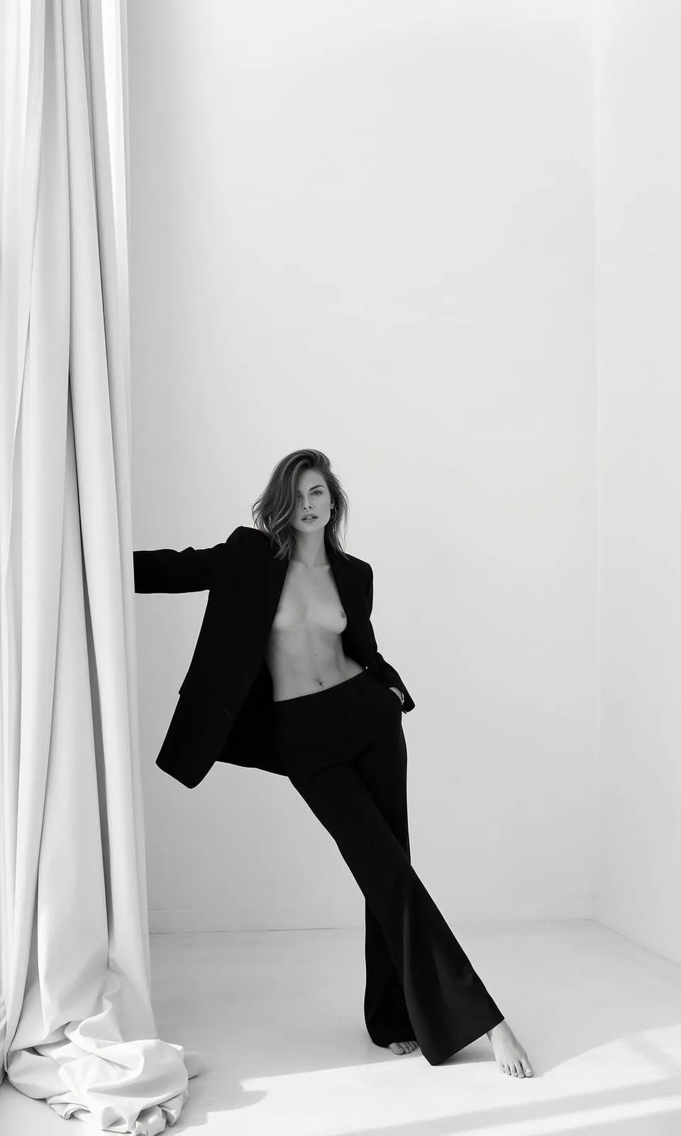 Full-body Vertical Photorealistic Black And White Portrait Woman With Medium-length