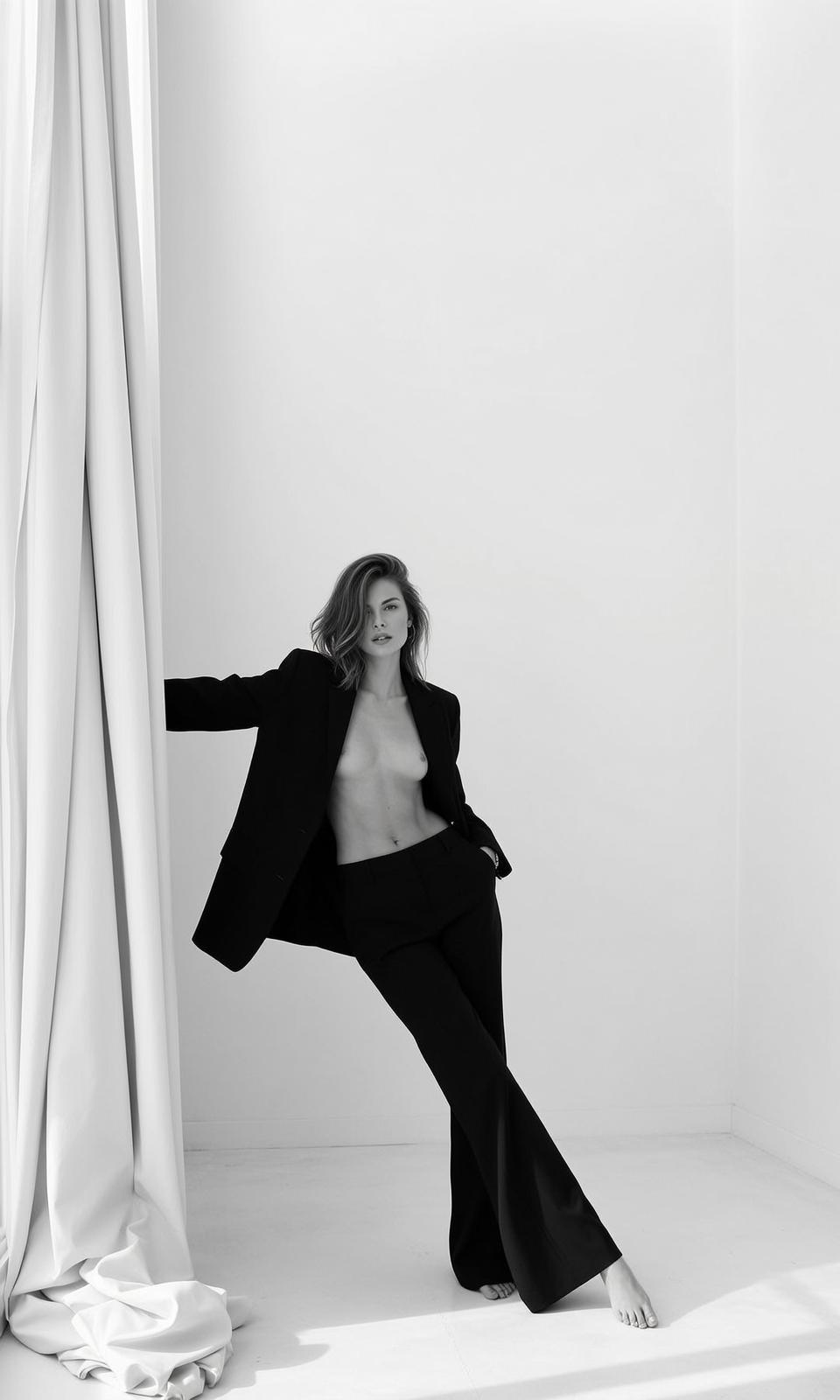 Full-body Vertical Photorealistic Black And White Portrait Woman With Medium-length