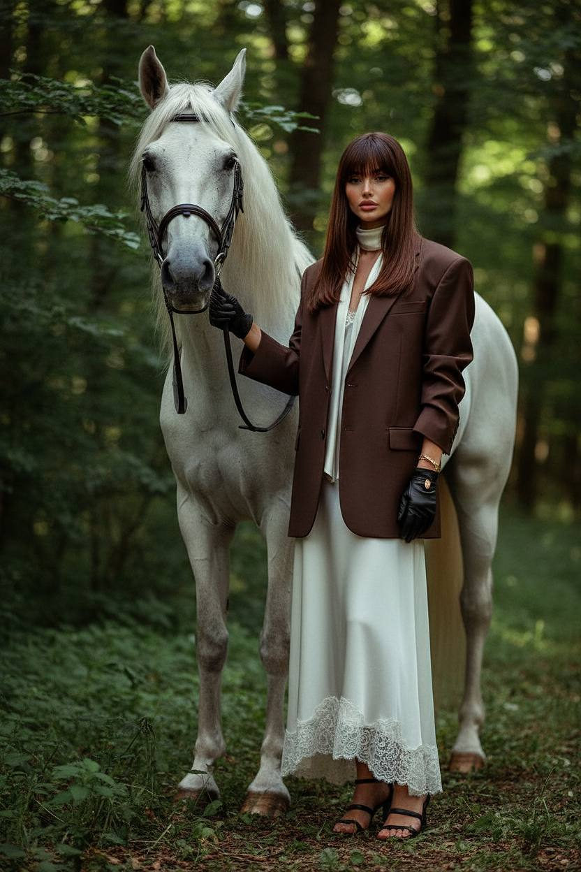 Elegant girl in a long white silk dress standing beside a white horse in a lush green forest.