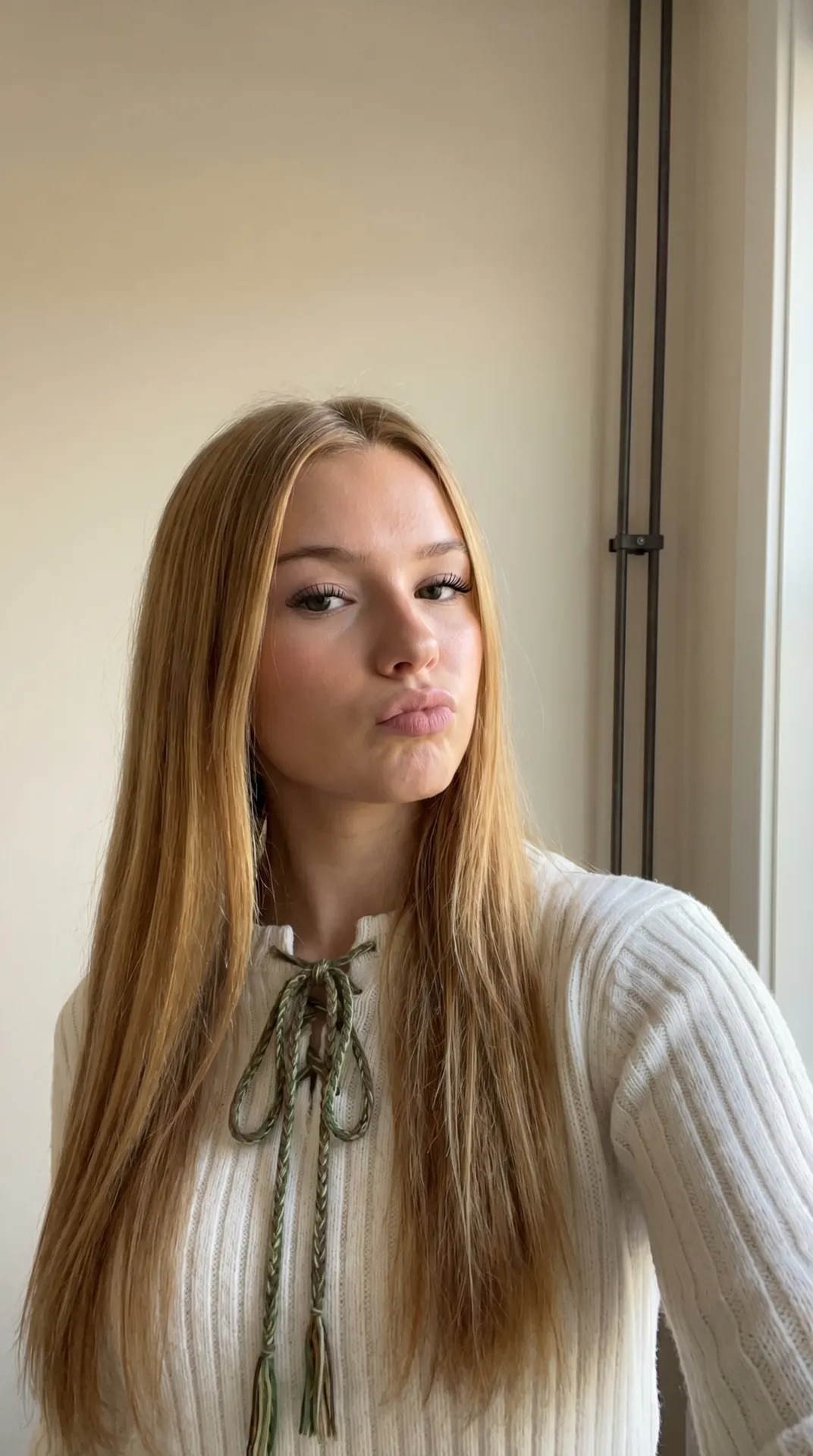 Cream Knit Sweater Playful Pout Soft Light Beige Wall