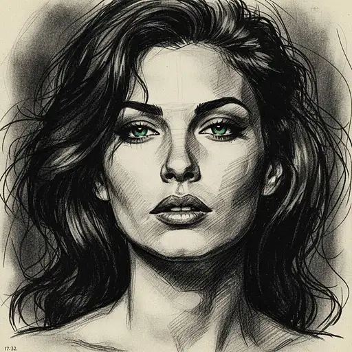 Expressionist Charcoal Sketch Stunning Woman With Piercing Blue-green Eyes Bold