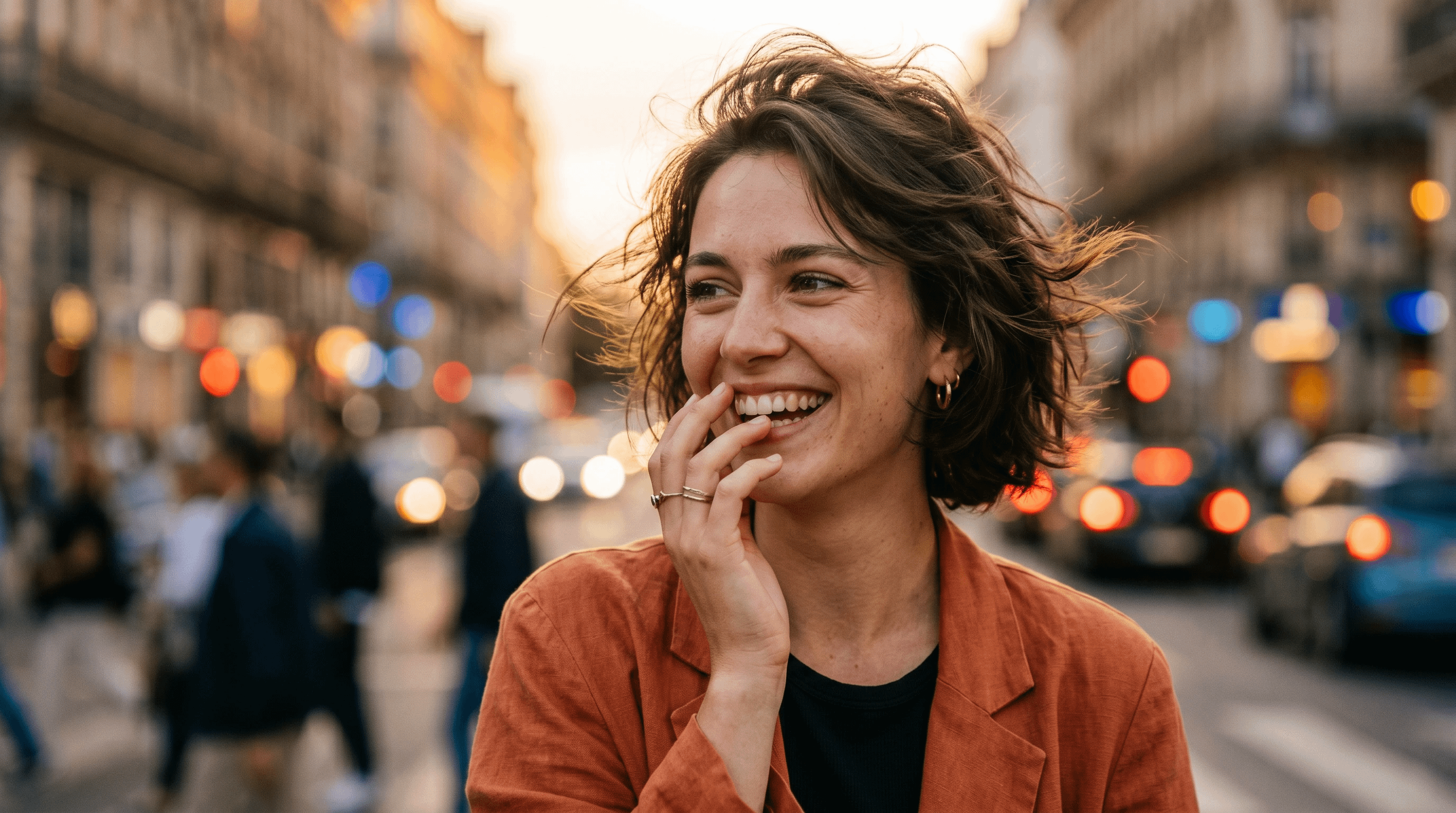 Laughing In Burnt Orange Blazer City Street Bokeh