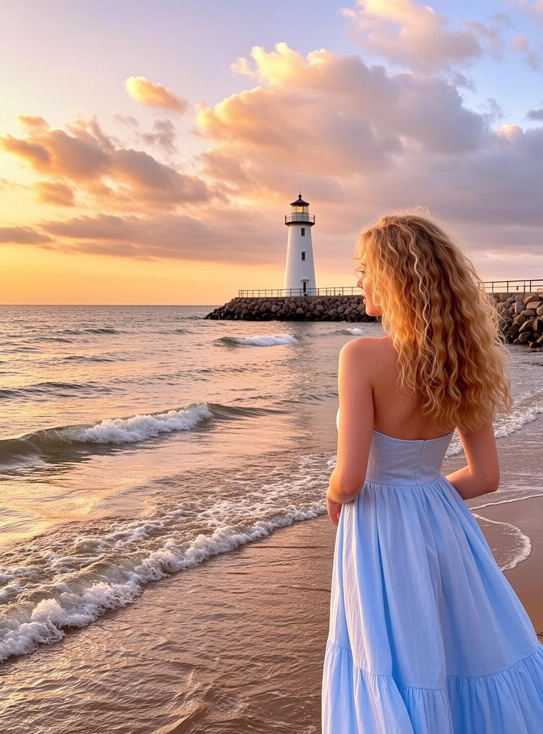 Tiered Skirt Strapless Blue Dress Beach Sand Water Lighthouse