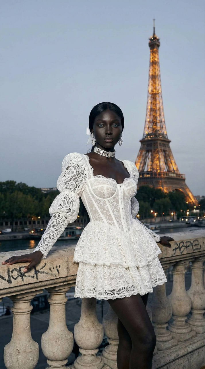 A luxurious fashion portrait against the Eiffel Tower at twilight, with a model in a multi-layered lace dress adorned with jewelry.