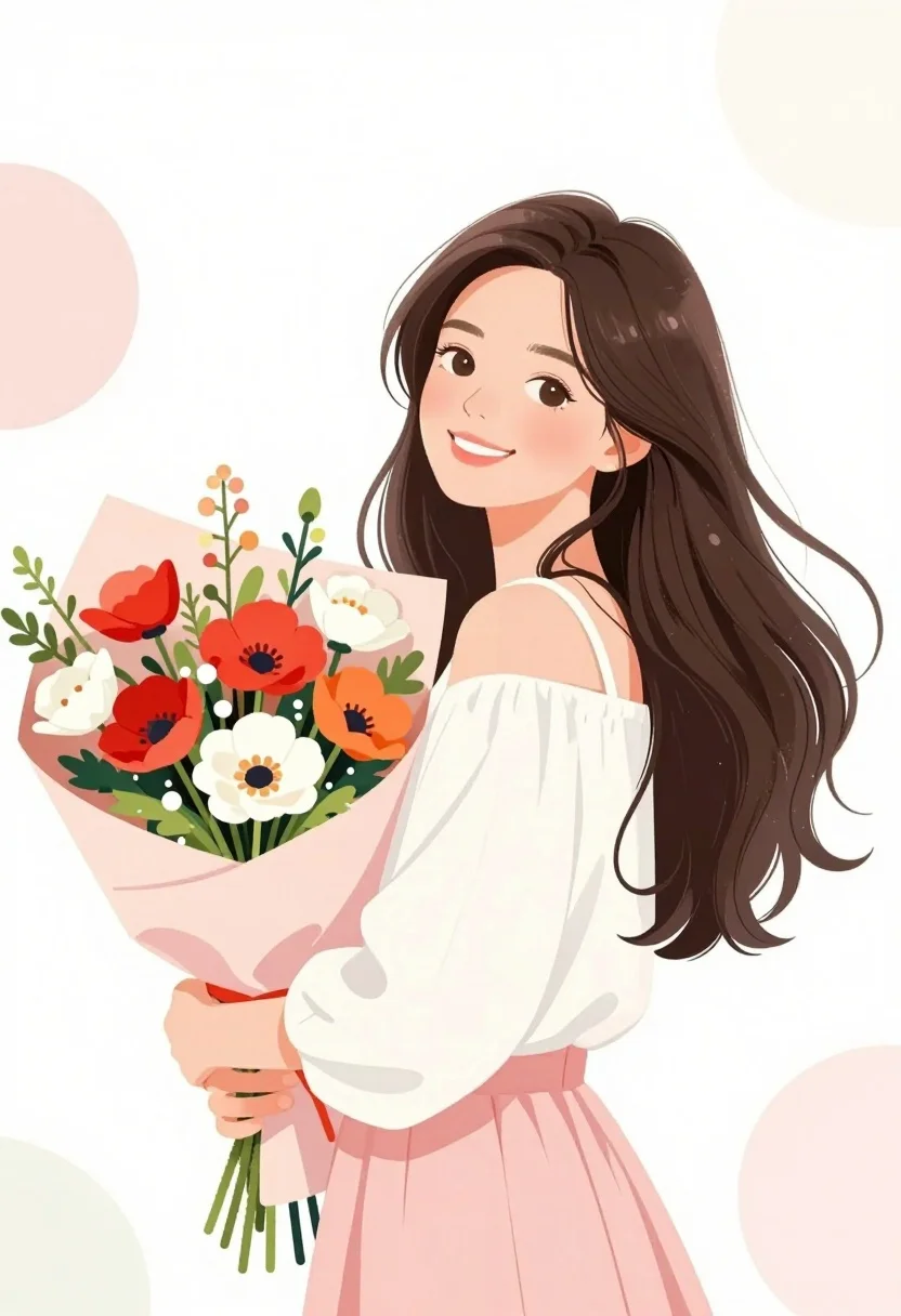 Young woman with long dark hair smiling warmly and holding a bouquet of flowers in soft pastel colors.