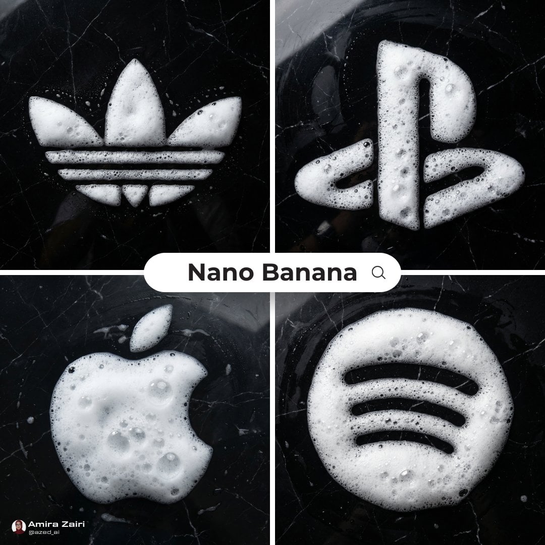Top-down ultra-realistic photo of detergent foam forming a logo on polished black marble.
