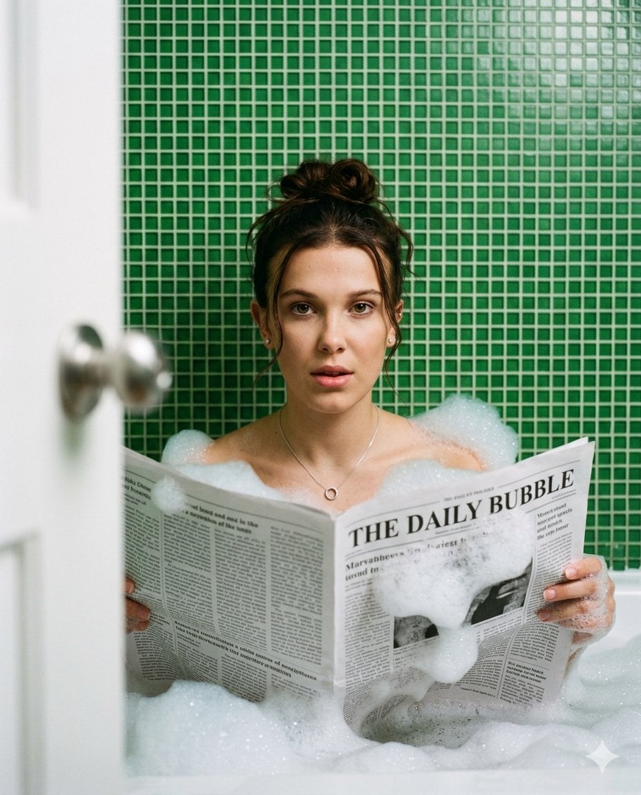 Actress In Bathtub Reading Newspaper With Foam