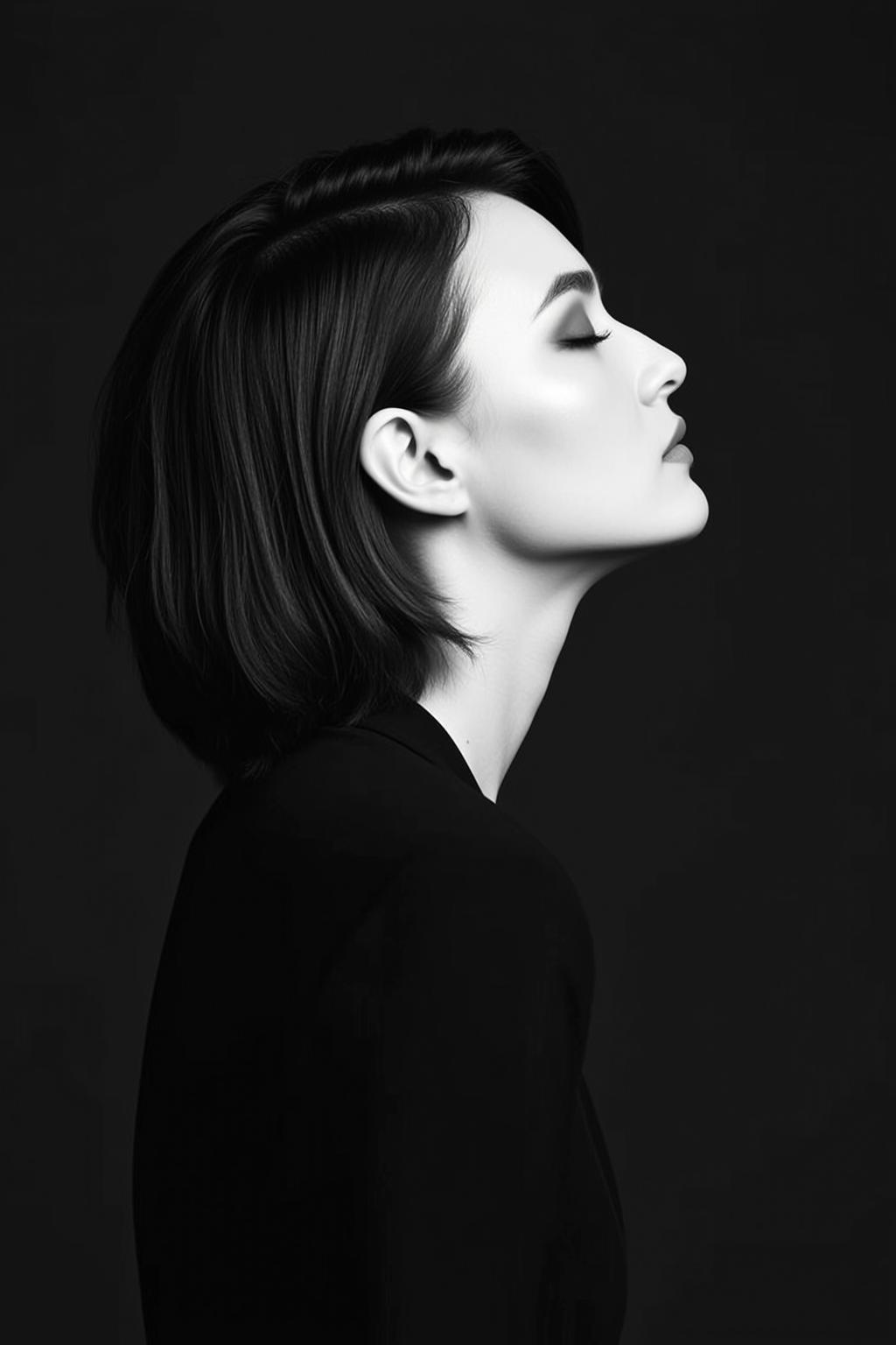 Black And White Medium Shot Profile Portrait Young Woman With