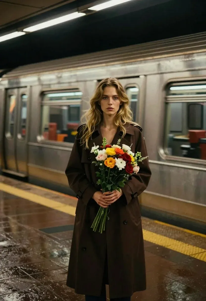 Solitary Woman Stands Dimly Lit Subway Platform Holding Bouquet Flowers
