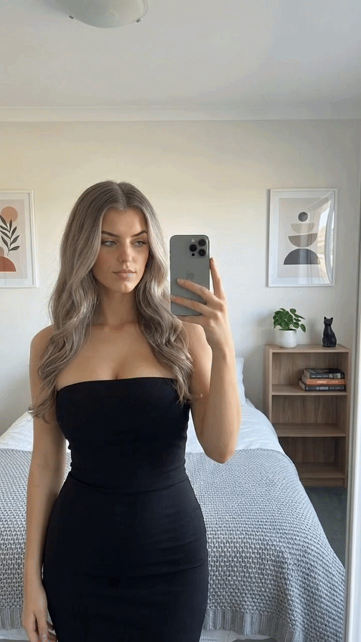 Mirror Selfie Black Strapless Dress Minimalist Bedroom