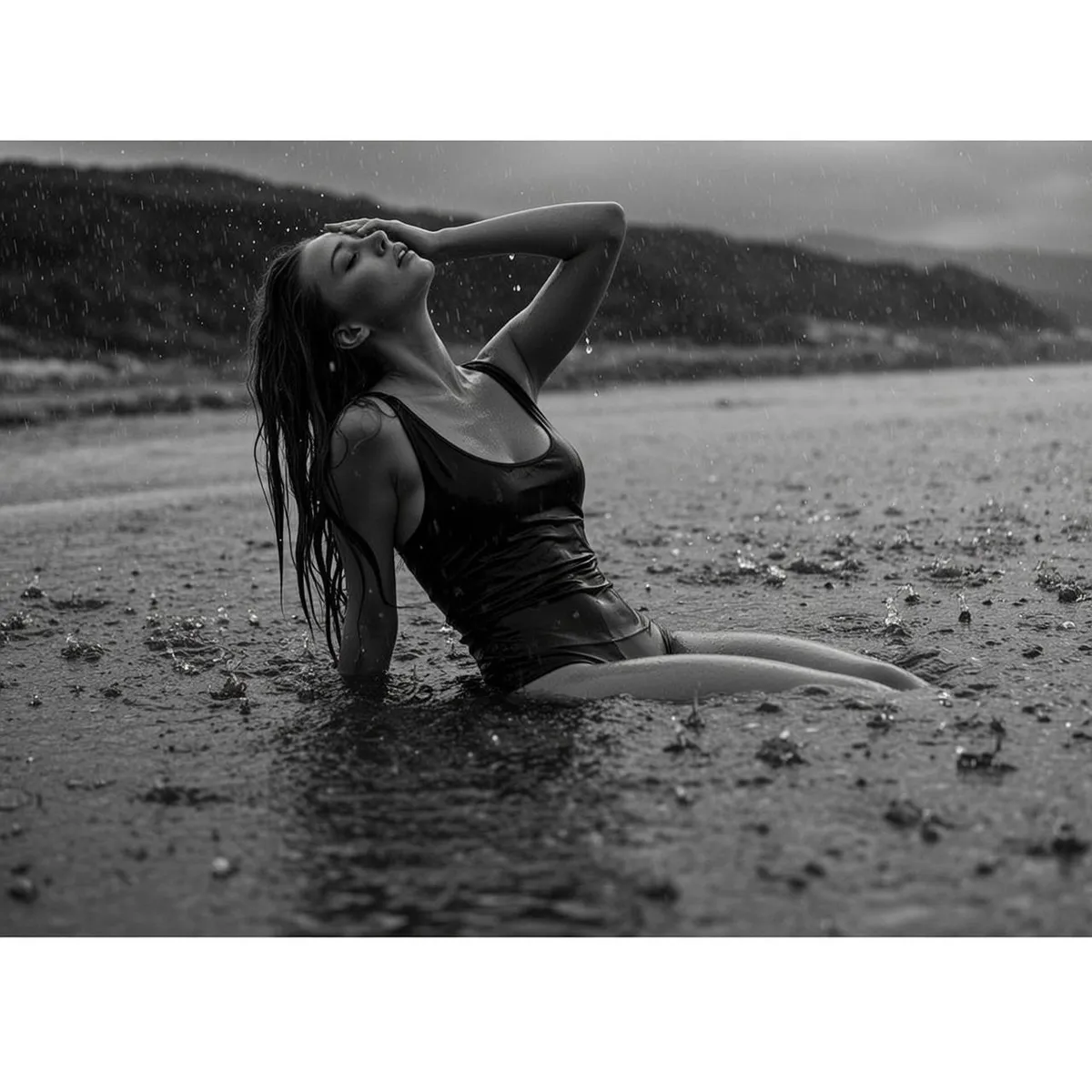 Photorealistic Black And White Horizontal Medium Shot Captures Young Woman