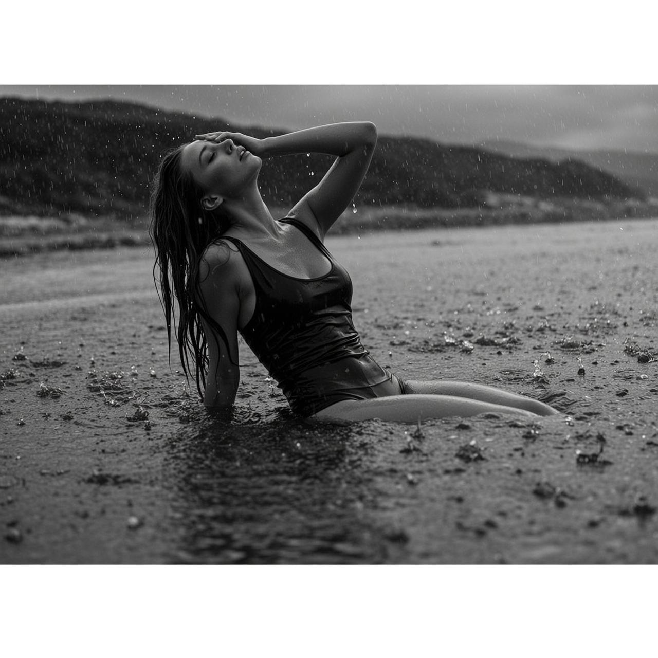 Photorealistic Black And White Horizontal Medium Shot Captures Young Woman