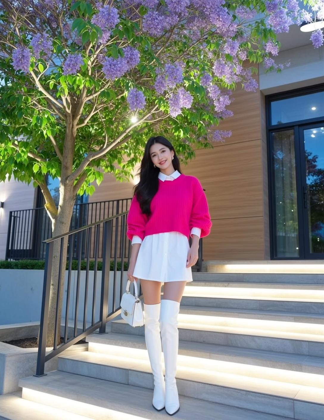 Pink Sweater Staircase Look