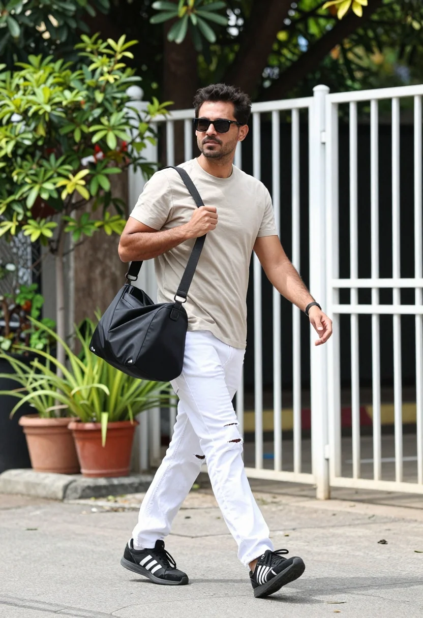 Full-body Shot Man Walking Confidently Outdoors With Black Shoulder Bag