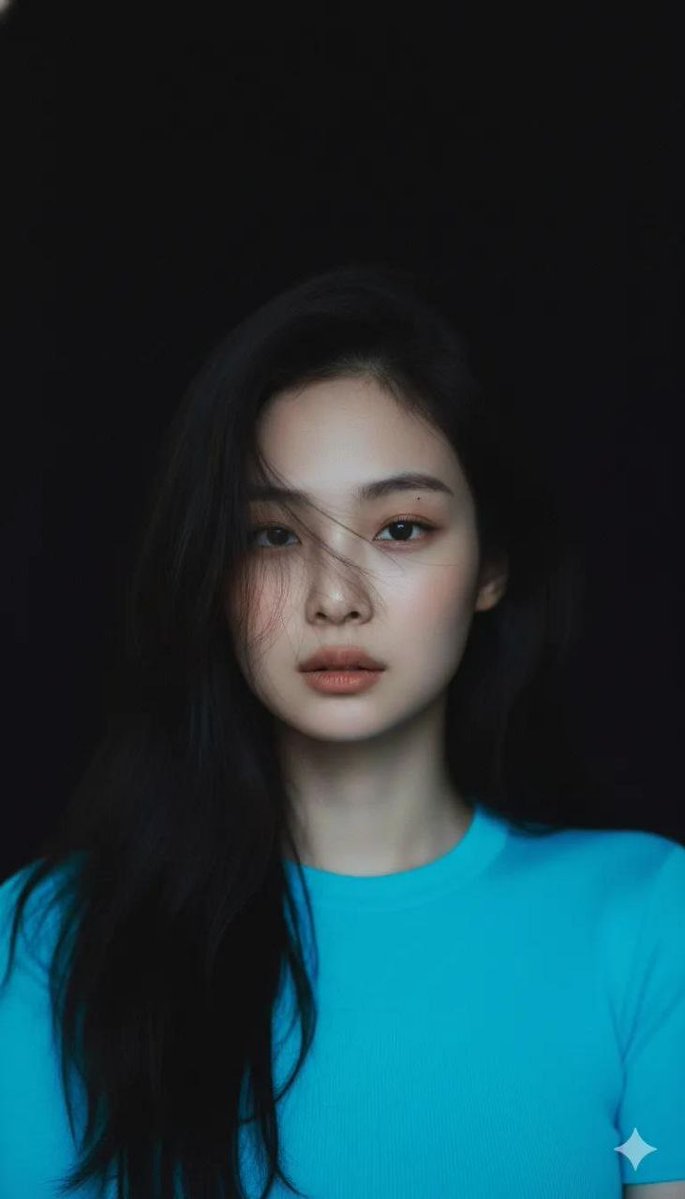 Moody portrait of a young woman with fair skin and dark brown hair, wearing a neon blue top against a minimal dark background.