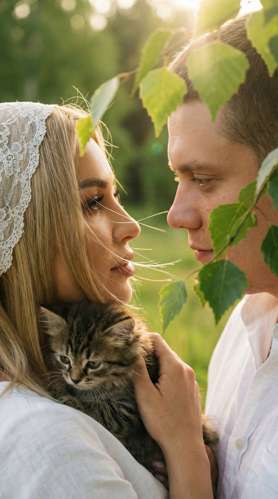 Ultra-realistic macro portrait of two faces with sunlight, one wearing a lace headscarf and holding a kitten.