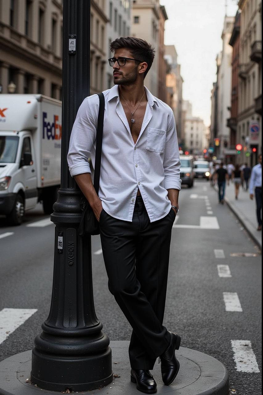 Man leaning casually against a traffic pole in urban attire, set against a bustling city backdrop.