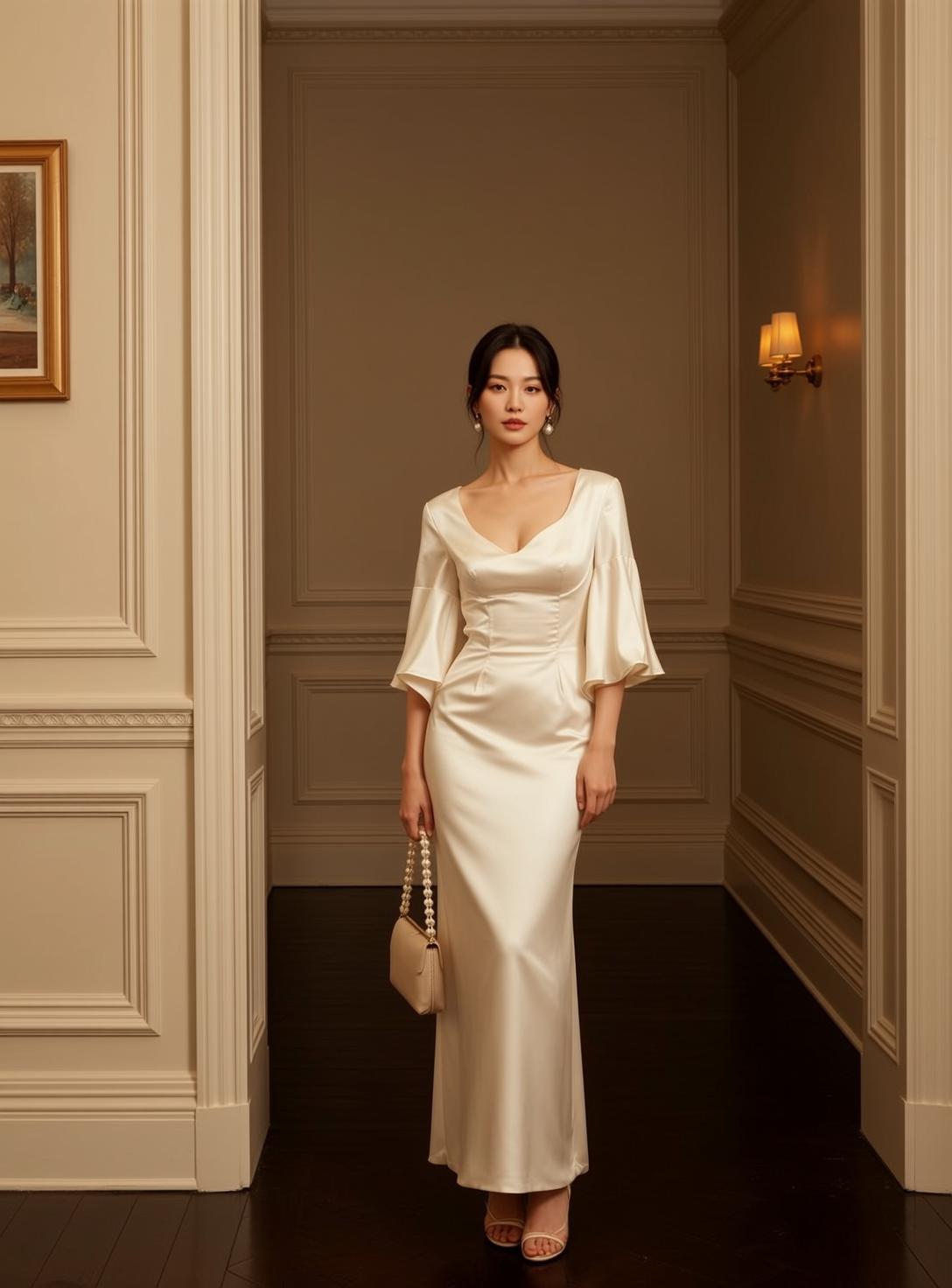 Satin Dress Ornate Hallway Pose