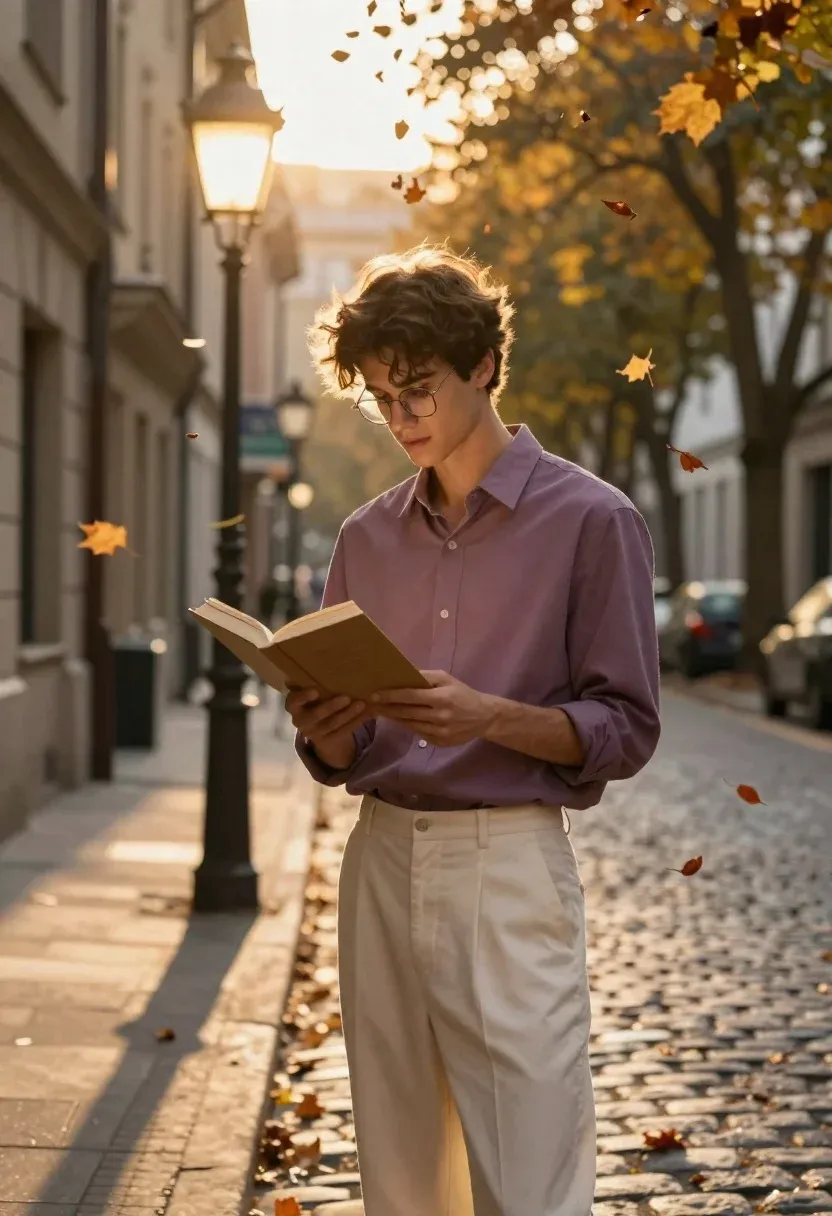 Young Man Stands Cobblestone Street Reading Open Book Under The