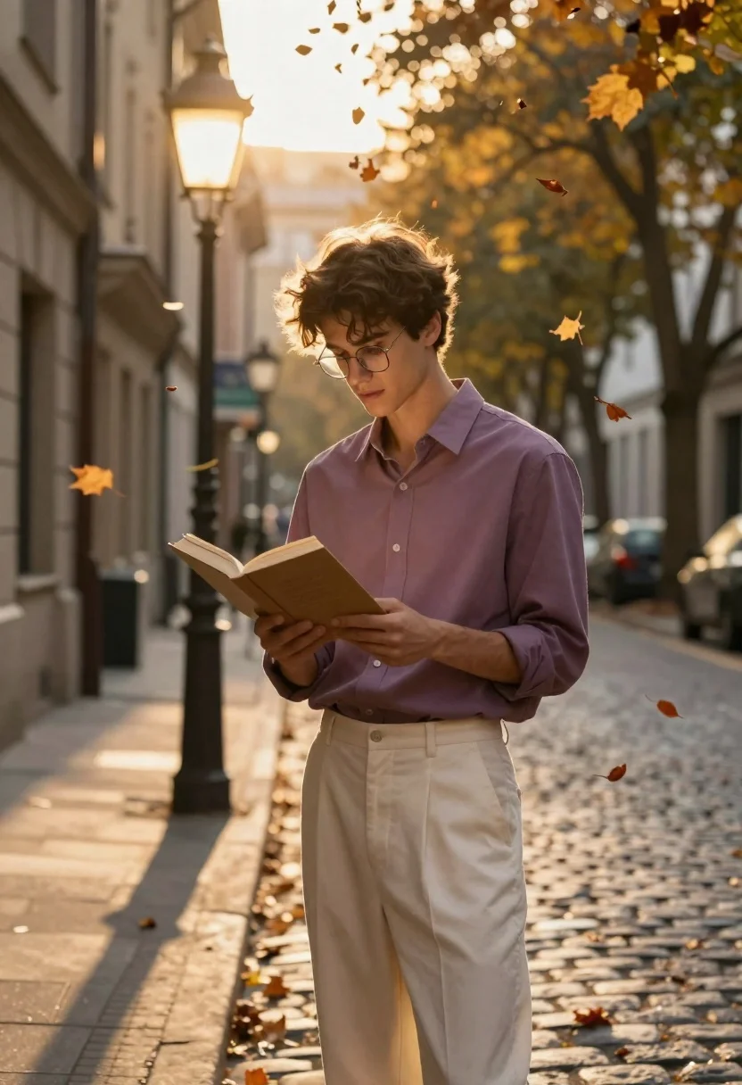 Young Man Stands Cobblestone Street Reading Open Book Under The