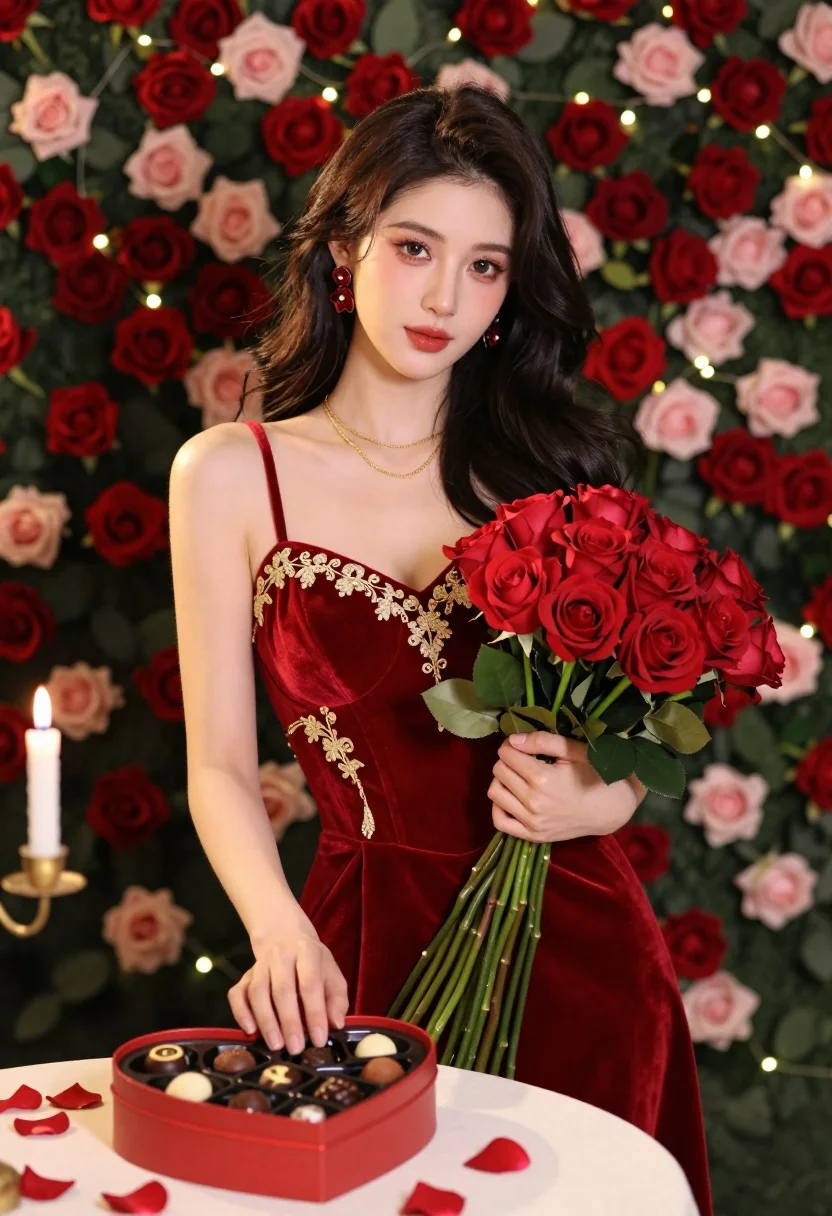 A young woman with long dark wavy hair standing in a romantic setting, holding red roses and a heart-shaped box of chocolates.
