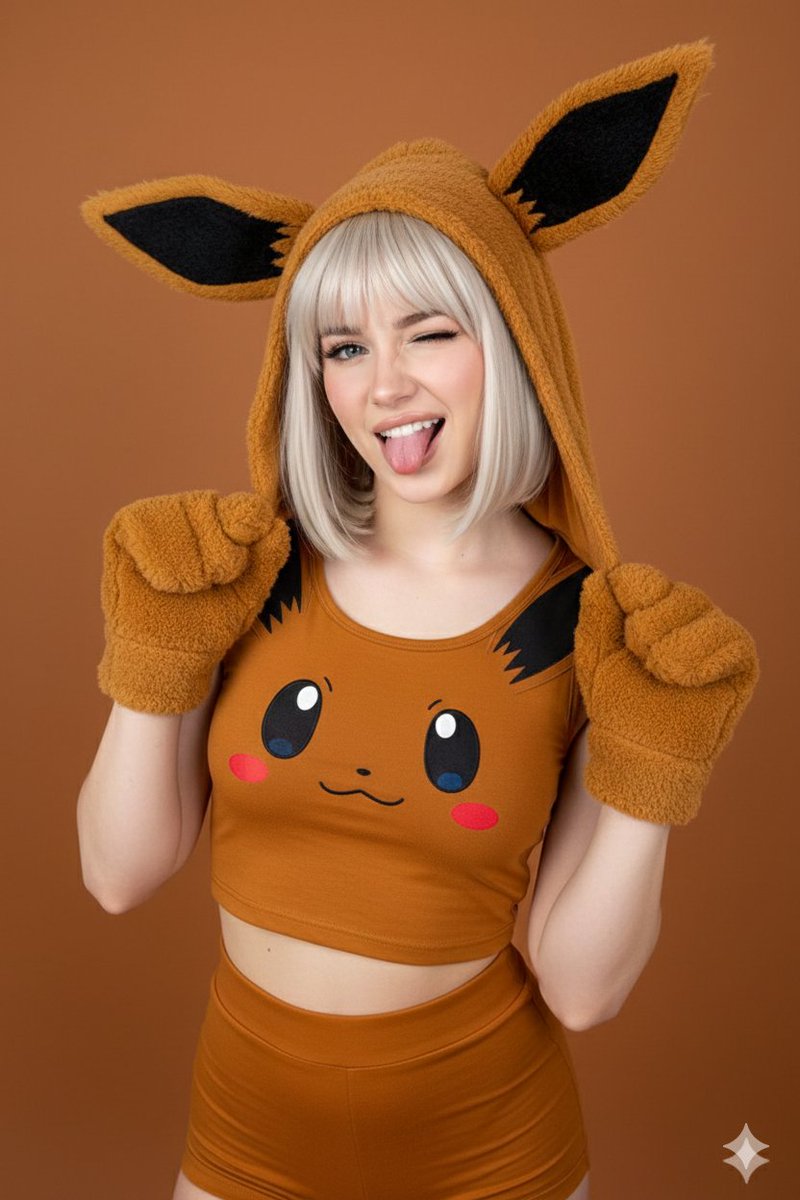 Ultra photorealistic portrait of a young woman with flawless skin in Eevee cosplay, playful expression, bright brown background.