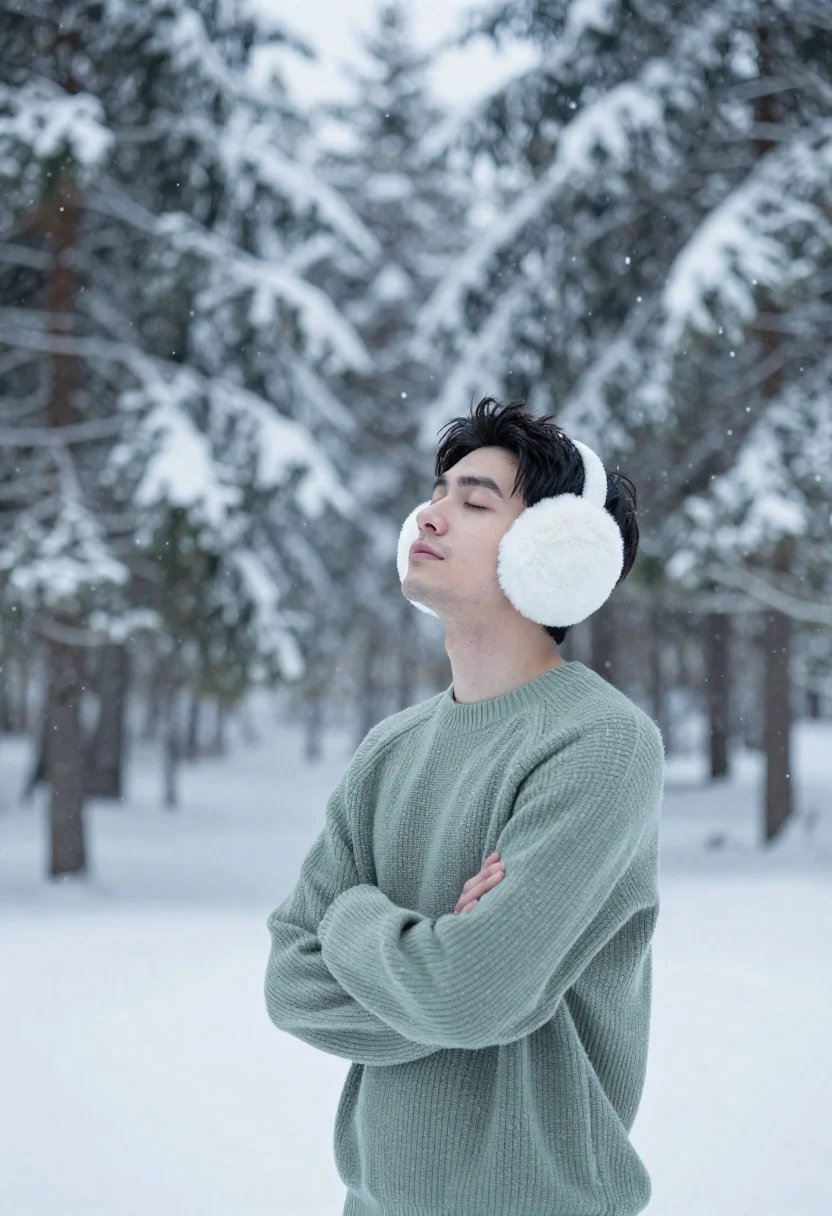 Man Stands Snowy Forest With His Eyes Closed Arms Crossed