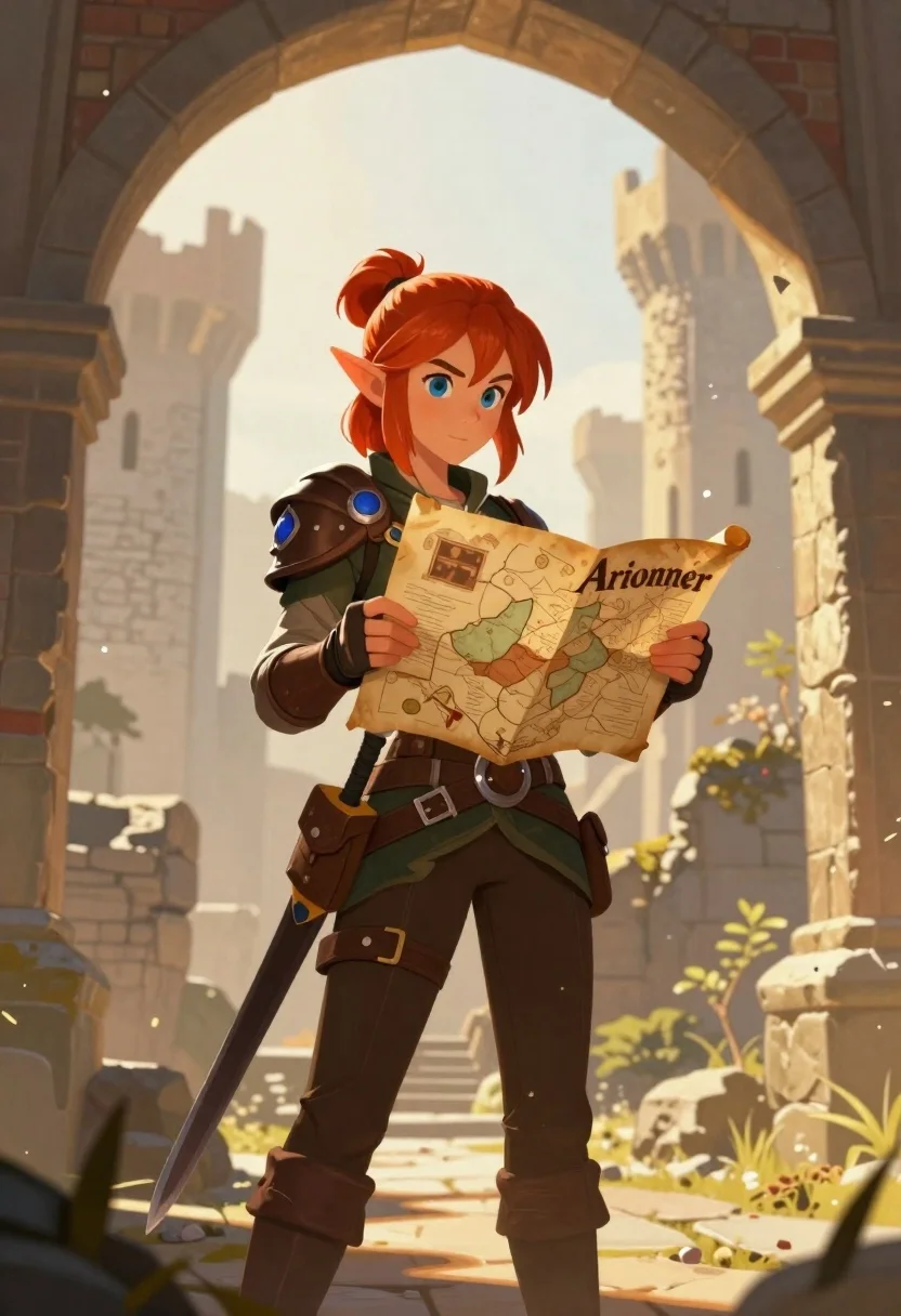 Digital Illustration Fantasy Character Standing The Foreground Holding Open Map reference photo