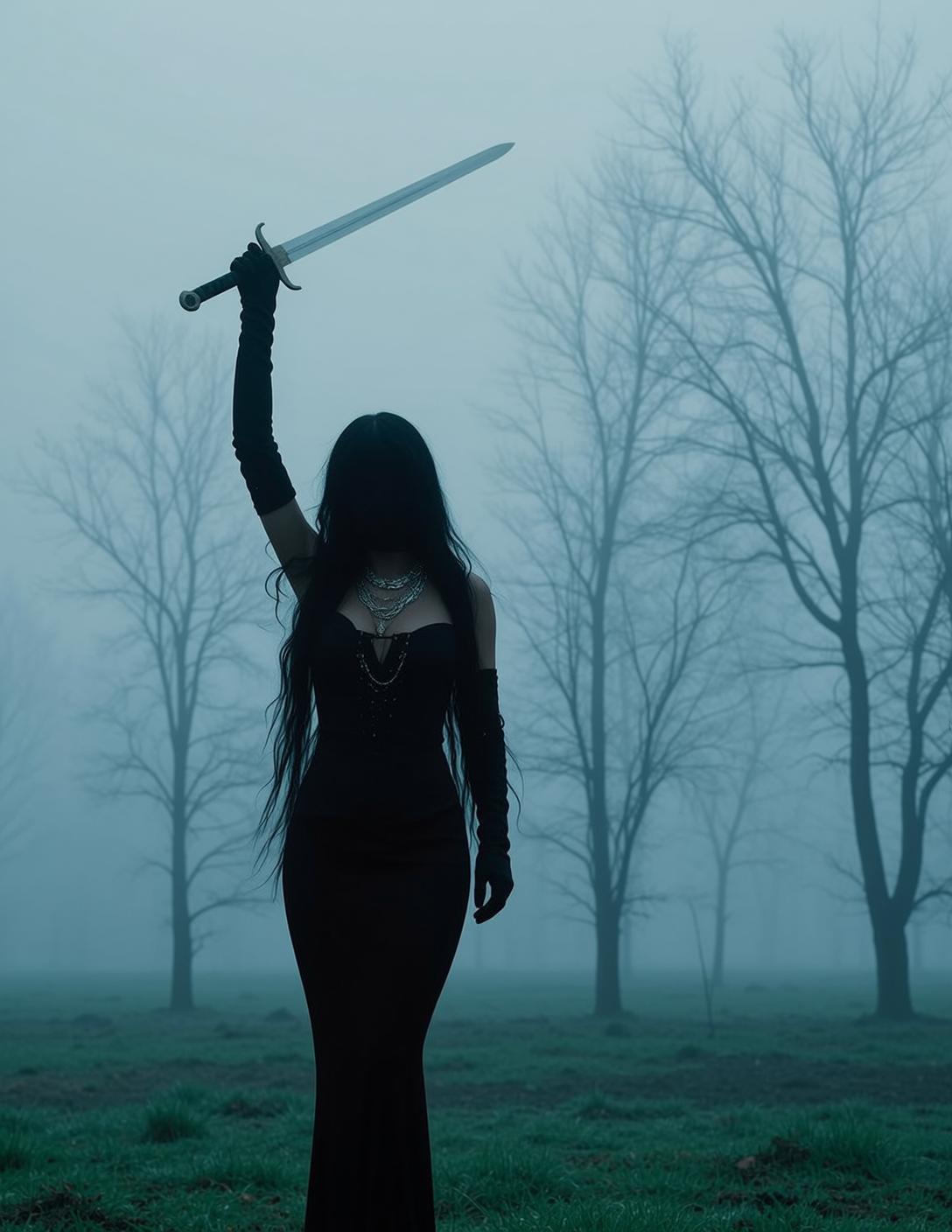 Sword Pose Foggy Forest