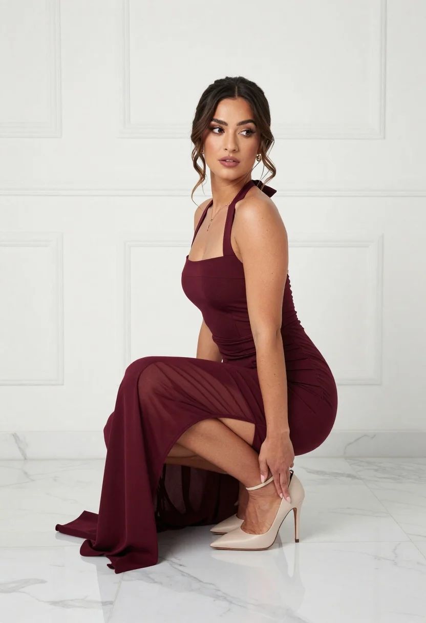 Woman Burgundy Dress Poses Elegantly Marble Floor Against White Paneled